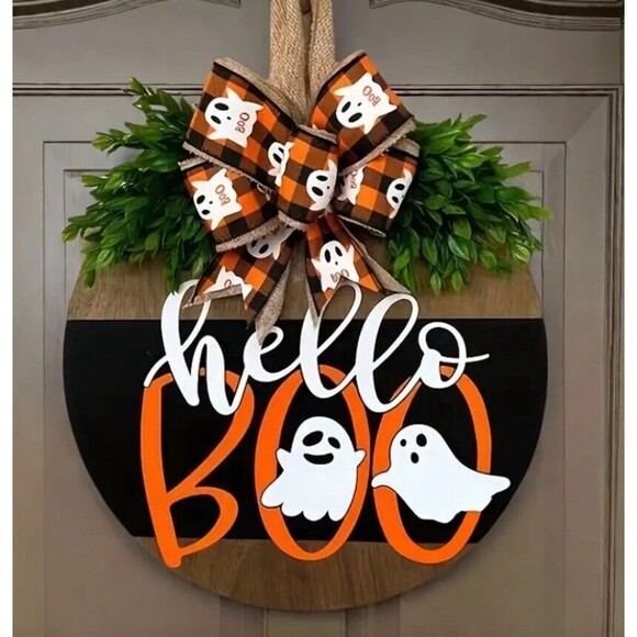 Holiday | Wooden Fall Autumn Hello Boo Ghost Door Porch Hanger Wreath ...